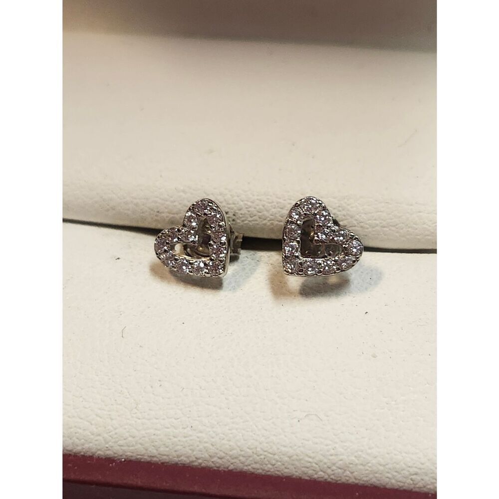 Sterling Silver Heart Stud Earrings with Clear Rhinestone Crystals